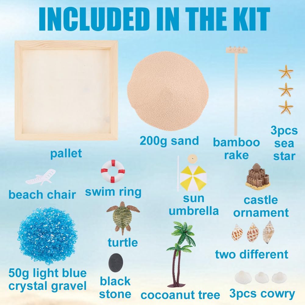 WEBEEDY Beach Zen Garden Kit for Office,Desktop Mini Zen Garden with Sand Artificial Tree Rocks & Accessories,Sand Gardens DIY Kit Meditation Decoration Gifts for Women Men,Square(6x6/15x15cm)