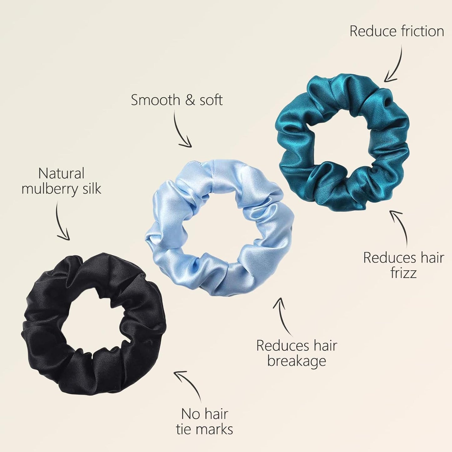ZIMASILK 100% Mulberry Silk Hair Scrunchies, Best For Women And Girls’ Hair 19 Momme Elastic Hair Bands for Ponytail Holder Gentle And No hurt (3 Pack, Black)