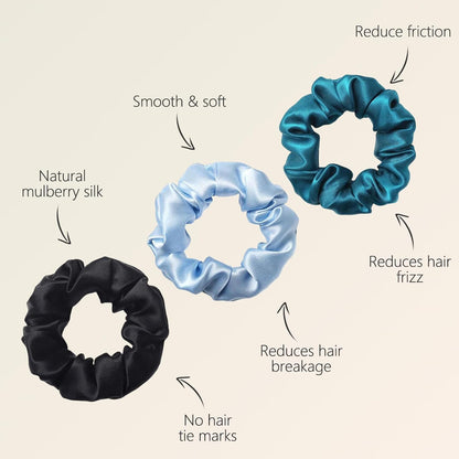 ZIMASILK 100% Mulberry Silk Hair Scrunchies, Best For Women And Girls’ Hair 19 Momme Elastic Hair Bands for Ponytail Holder Gentle And No hurt (3 Pack, Black)