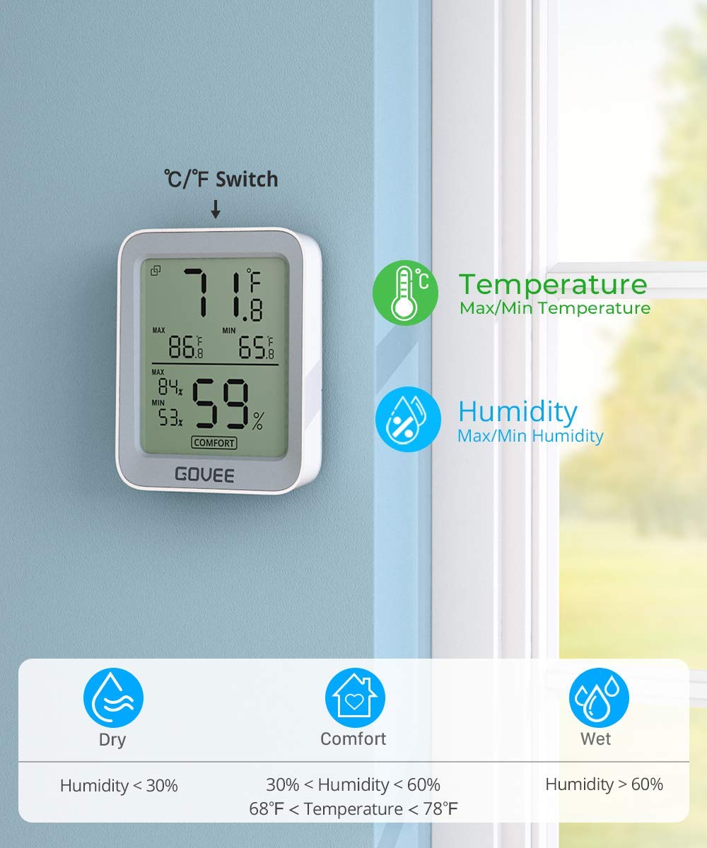 Govee Indoor Hygrometer Thermometer 2Pack H5075 with Bluetooth App Control | Room Temperature Humidity Meter, 164ft Remote Monitor, Smart Alerts, 2 Years Data Storage Export, for Bedroom Wine Cellar