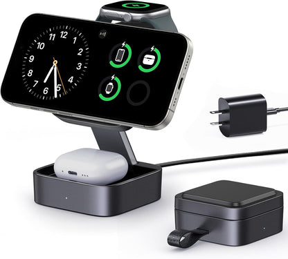 3 in 1 Wireless Charging Station for Apple Devices, Magnetic Foldable Travel Fast Charger Stand Compatible with MagSafe for iPhone 18/Air/17/16/15/14/13/12 Series, Apple Watch & AirPods Pro/4/3/2