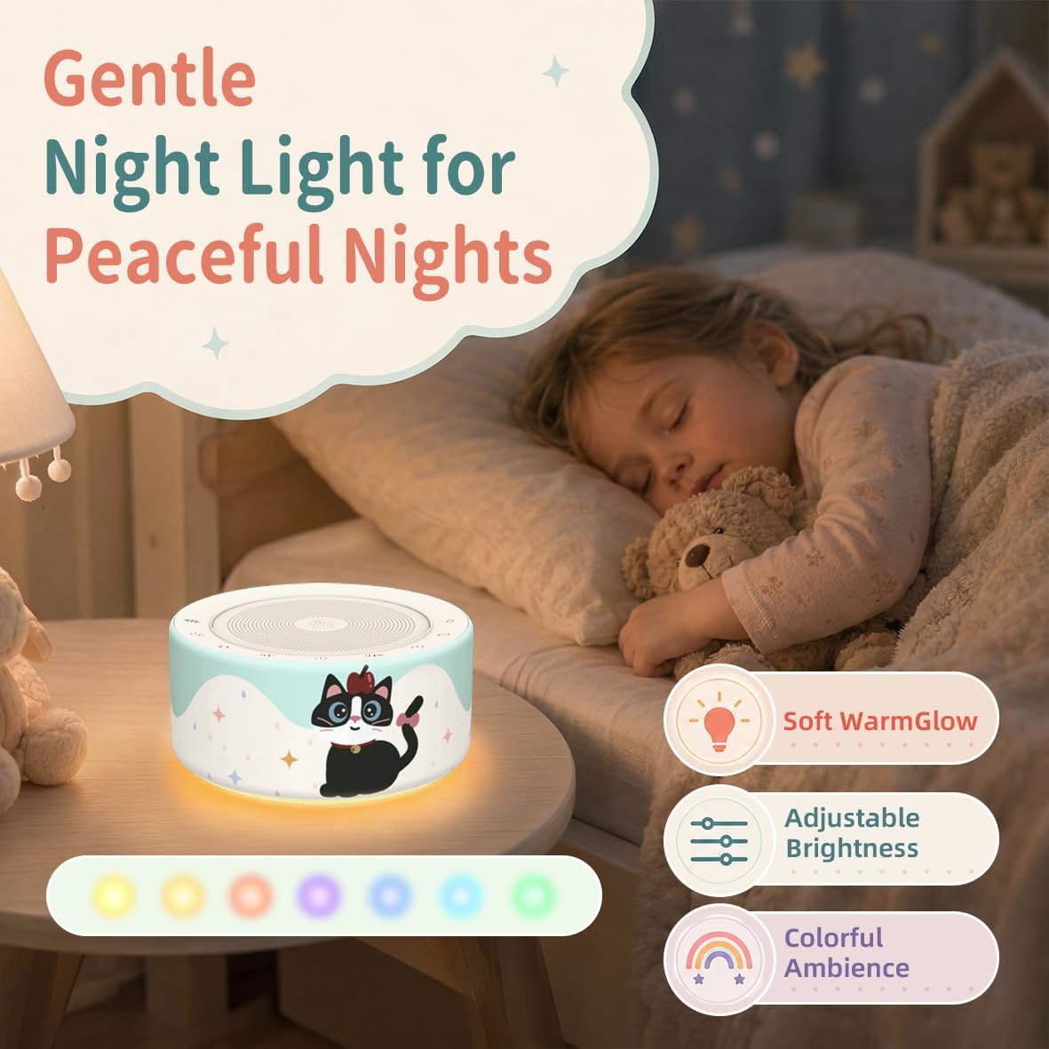 Kipcush White Noise Machine for Baby & Adults, 30 Soothing Sounds, Soft Non-Glare Nursery Lamp, 8 Color Night Lights, Memory Function (Angel V1 White, Standard)
