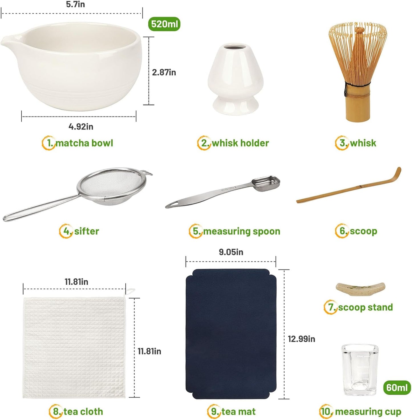 Joiish Matcha Whisk Set, Matcha Kit 10-Pcs, Bamboo Whisk and Ceramic Bowl with Spout & Measuring Spoon & Cup, Japanese Ceremony Matcha Tea Powder Making Tools, Light Green