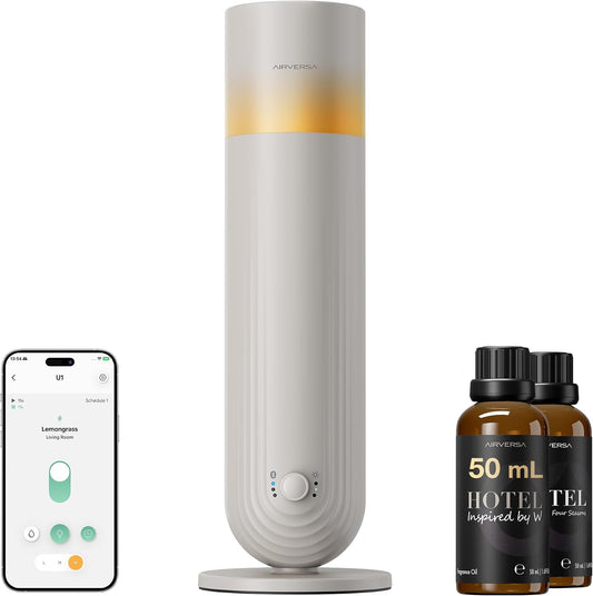 Airversa U1 Smart Tower Waterless Diffuser Starter Kit for Room, Black | 2x50ml Hotel Scent Fragrance Oil, Up to 1200 sq ft, App Control, Cold Air, 120mL, DC-12V/1A, Scent Air Machine, U1kit-2X50