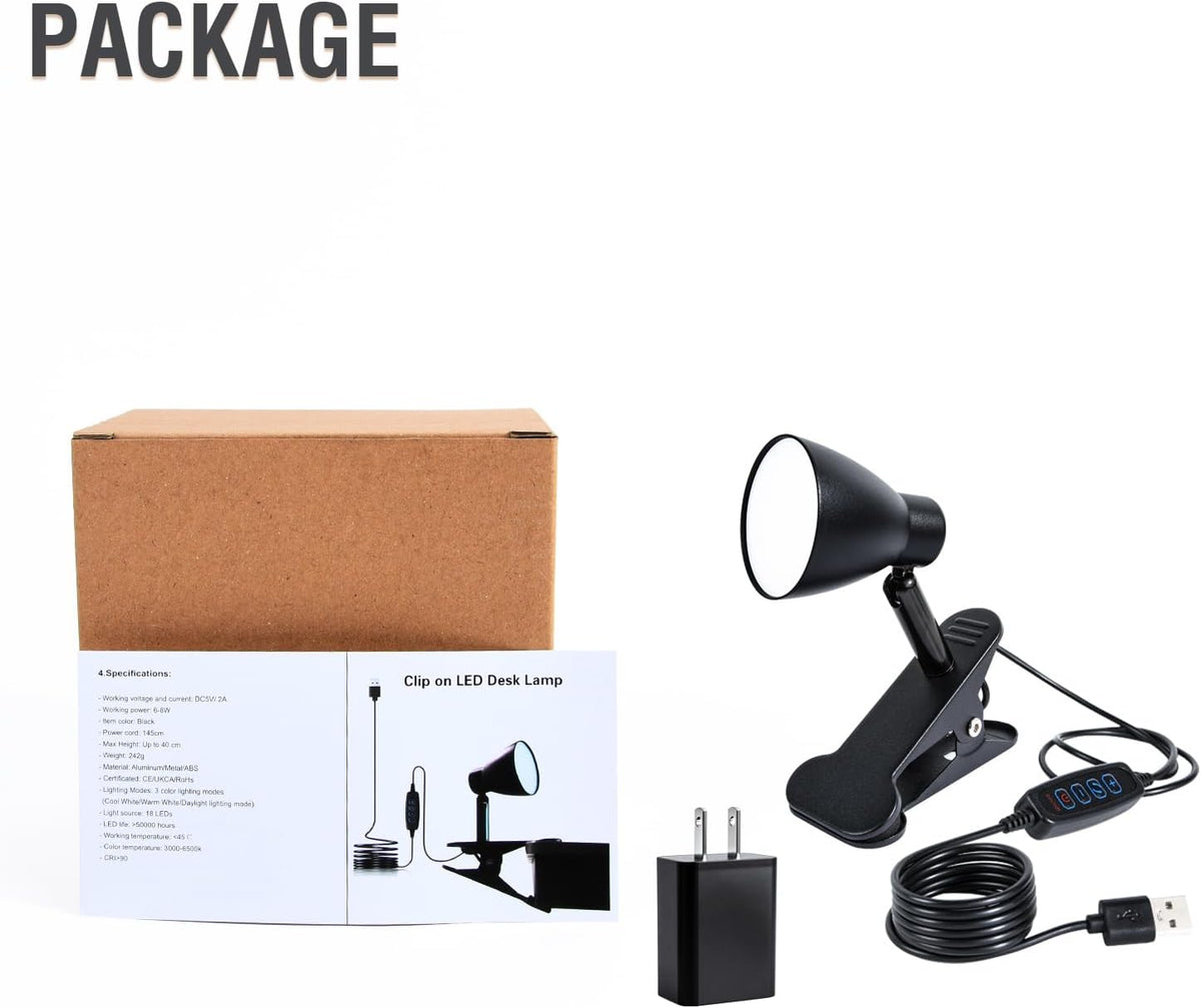 CRI 90+ Eye-Care Clip Light for Reading, 6W Small Clamp Lamp for Desk, Flexible Gooseneck Clip Lamp for Bed Headboard with 3 Color Modes & 10 Brightness(Adapter Include)