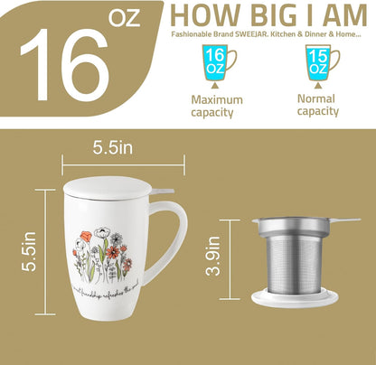 Sweejar Porcelain Tea Infuser Mug with Lid, 16 oz Teacup with Strainers for Loose Leaf Tea, Microwave and Dishwasher Safe Coffee Mug(Purple)