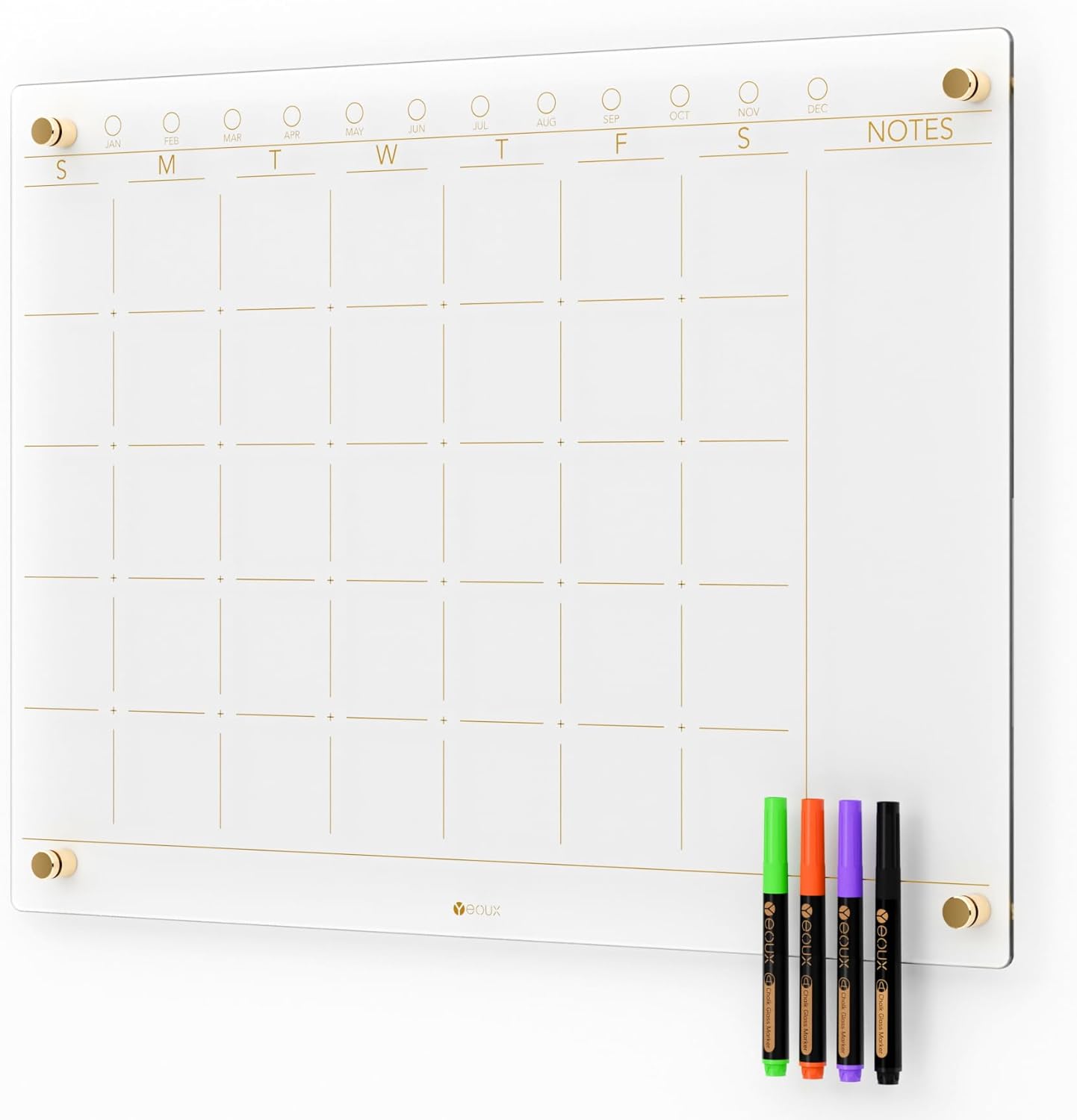 Black Glass Golden Monthly Dry Erase Calendar Whiteboard for Wall, 17" x 23", Frameless Large Planner White Board for Home Kitchen Office, 4 Wet Erase Markers Included, Yeoux