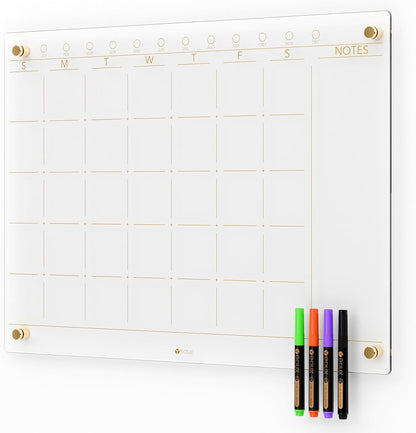 Black Glass Golden Monthly Dry Erase Calendar Whiteboard for Wall, 17" x 23", Frameless Large Planner White Board for Home Kitchen Office, 4 Wet Erase Markers Included, Yeoux