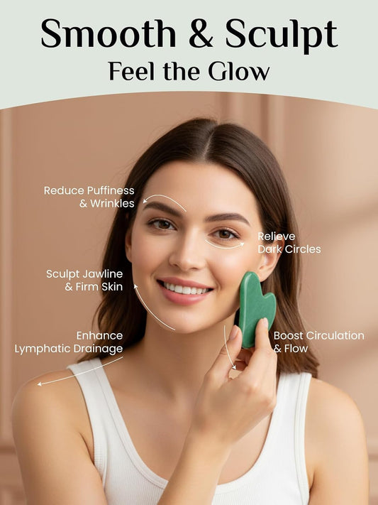 Rena Chris Gua Sha Facial Tools: Jade Stone Guasha Tool for Face Acupuncture Therapy, Facial Massager for Jawline Sculpting and Puffiness Reducing (Green)