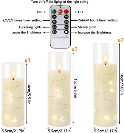 24 Pcs LED Flameless Candles with Remote, 3D Flickering Flame & LED String Lights, Acrylic Clear Cylinder, Timer Function, Romantic Ambience for Home Decor, Party, Wedding (Ivory).