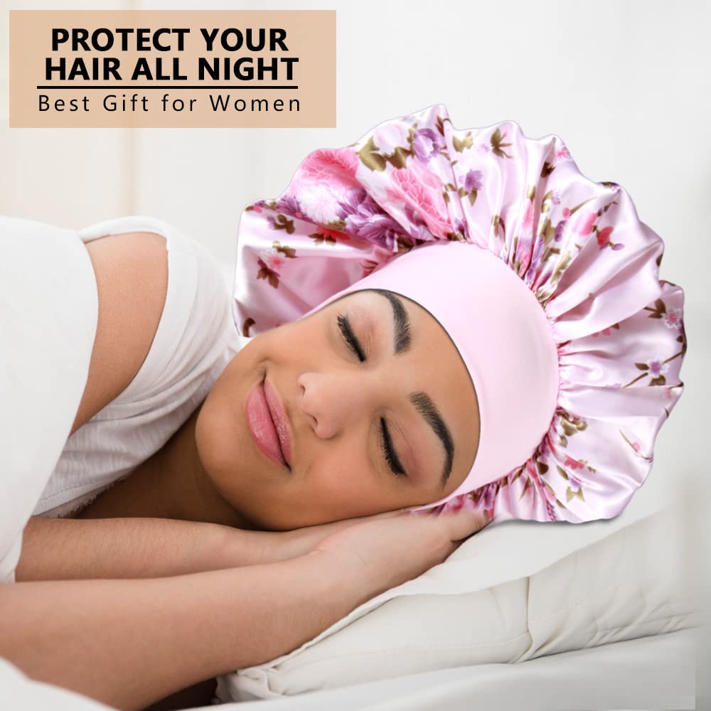 3PCS Extra Large Satin Bonnets for Sleeping, Hair Bonnets for Black Women Braids Curly Hair, C