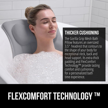 GORILLA GRIP Bath Pillow for Tub, 6 Strong Suction Cups, 4D Mesh FlexComfort Headrest for Neck, Head and Back Support, Luxury Machine Washable Pillows, Bathtub Accessories, Spa Gifts for Women, White