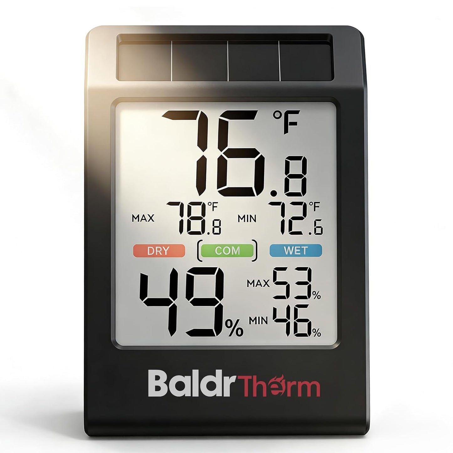 BALDR Indoor Thermometer Hygrometer, Solar Power with Battery Backup, Large Display, Daily Max/Min & Comfort Indicator Humidity Meter (White)