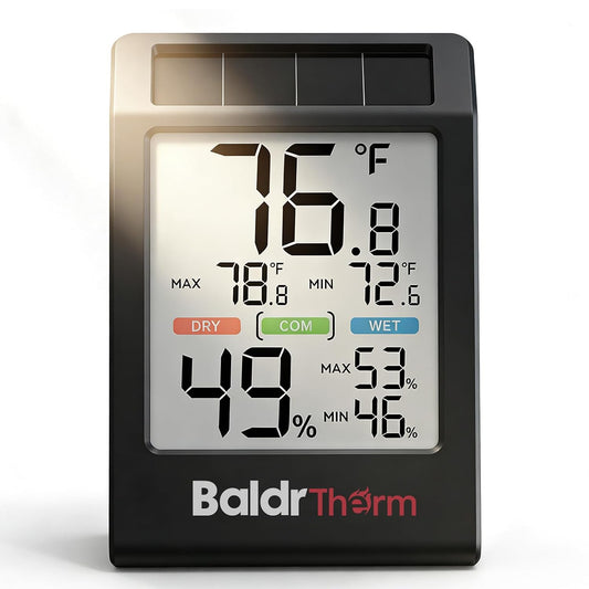 BALDR Indoor Thermometer Hygrometer, Solar Power with Battery Backup, Large Display, Daily Max/Min & Comfort Indicator Humidity Meter (White)