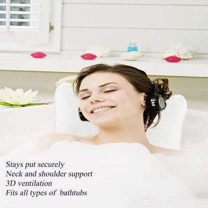 Bathtub Pillow, Non Slip, Breathable Soft, Comfortable Head Neck Support, Machine Washable, 2 Large Suction Cups (White)