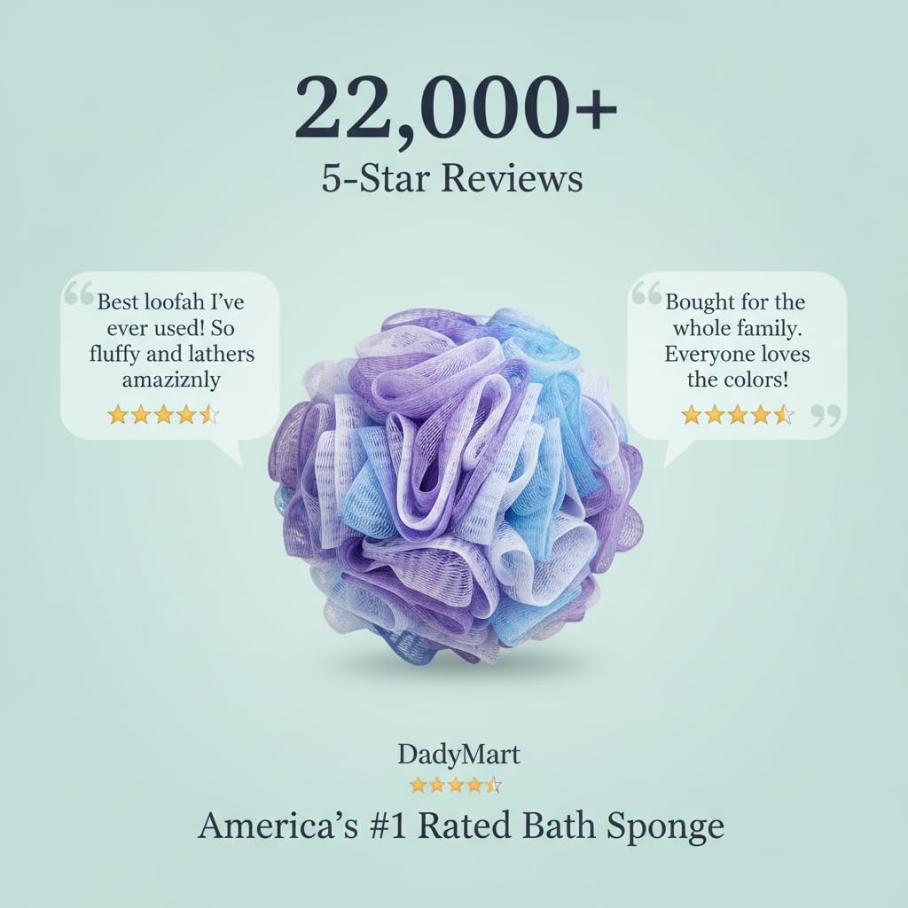 DadyMart Shower Loofah Sponge Pouf – XL Exfoliating Bath Puff Body Scrubber, Soft Mesh Shower Sponge with Reinforced Knot, Rich Lather, Set of 4 for Women and Men