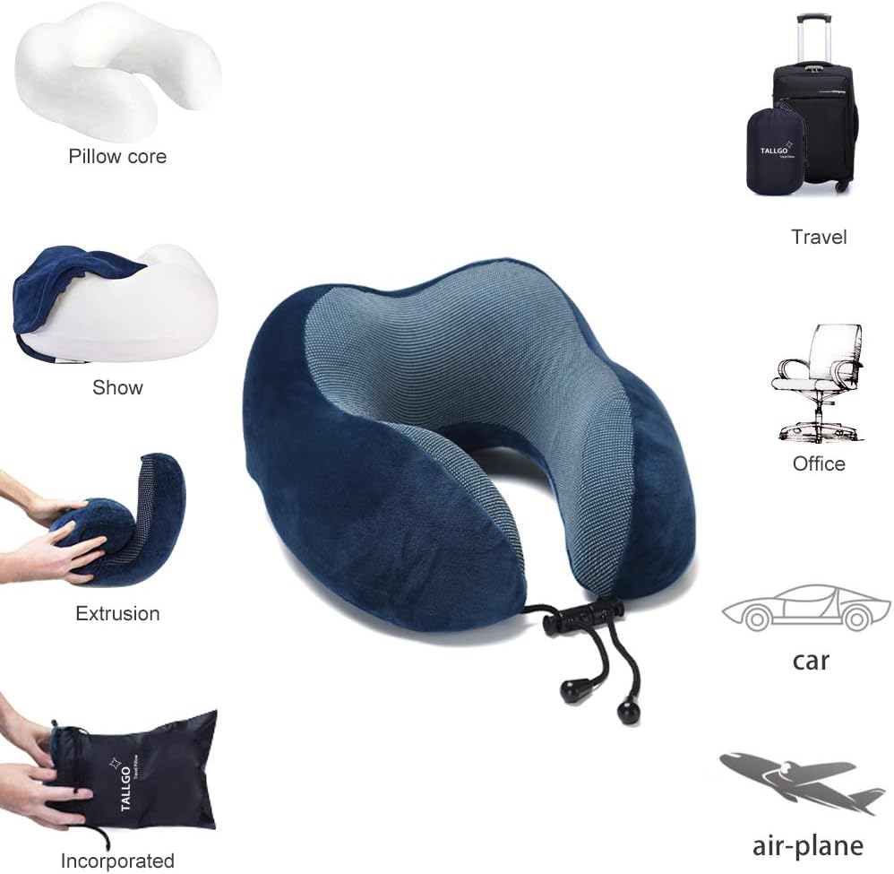 TALLGO Travel Pillow, Best Memory Foam Neck Pillow Head Support Soft Pillow for Sleeping Rest, Airplane Car & Home Use (Black)