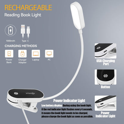 VAVOFO Rechargeable Book Light, 14 LEDs Eye Care Clip On Amber Reading Light for Bookworms Reading in Bed with 9 Colors 9 Brightness (White-Blue)