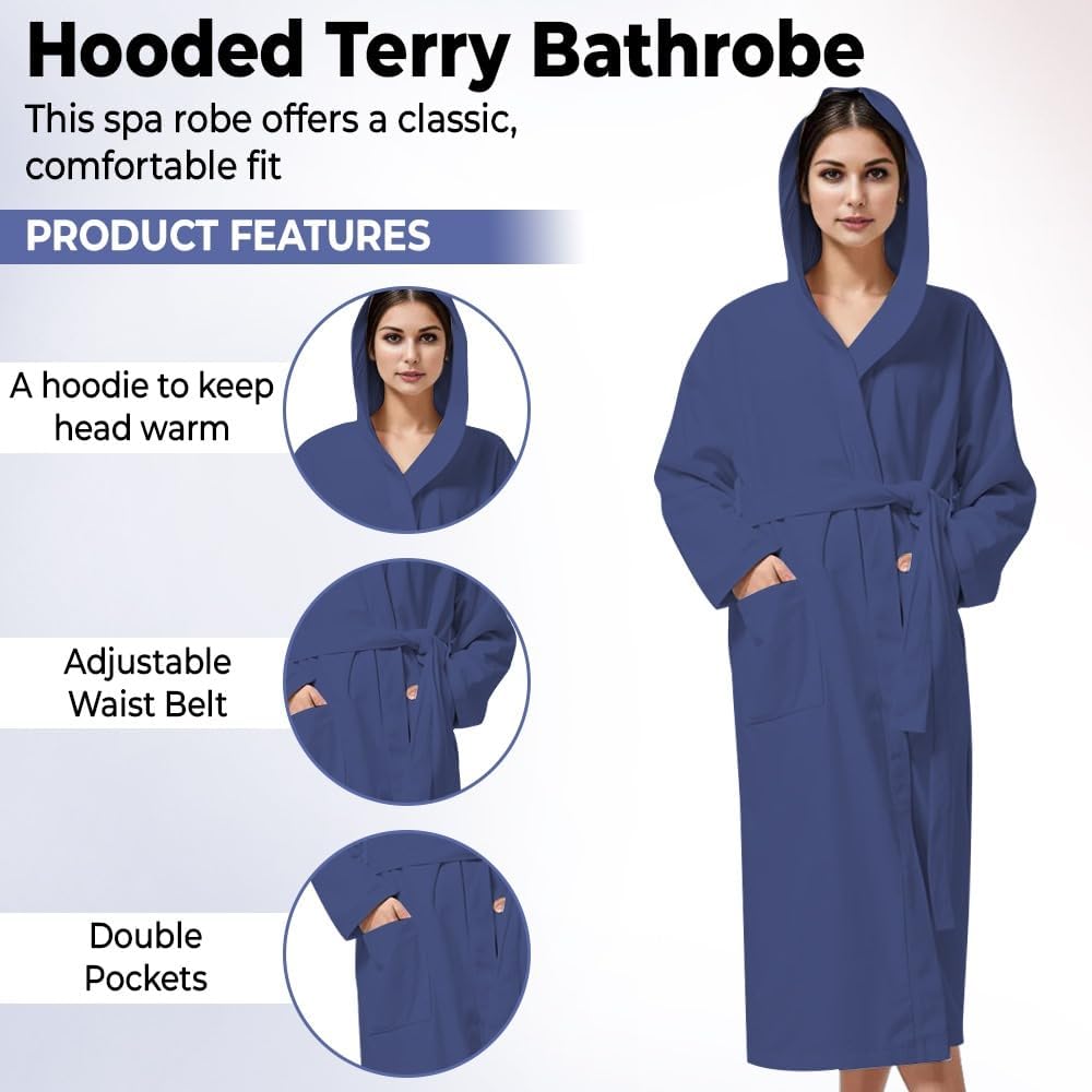 KAHAF COLLECTION Women Hooded 100% Cotton Terry Bathrobe, Soft Absorbent Quick Dry Robe for Spa, Shower & Home Wear