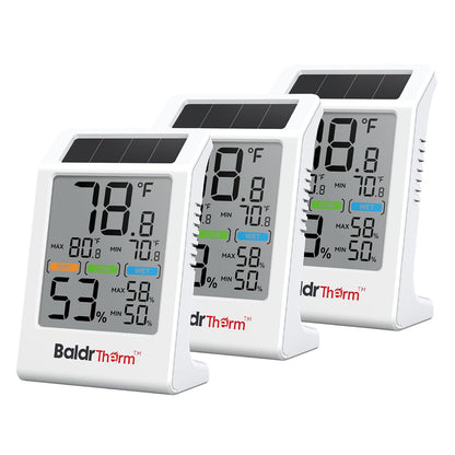 BaldrTherm Room Thermometer Indoor Humidity Meter Solar Powered with Max/Min Memory & Comfort Indicator - 3.2" Large Display for Home, White