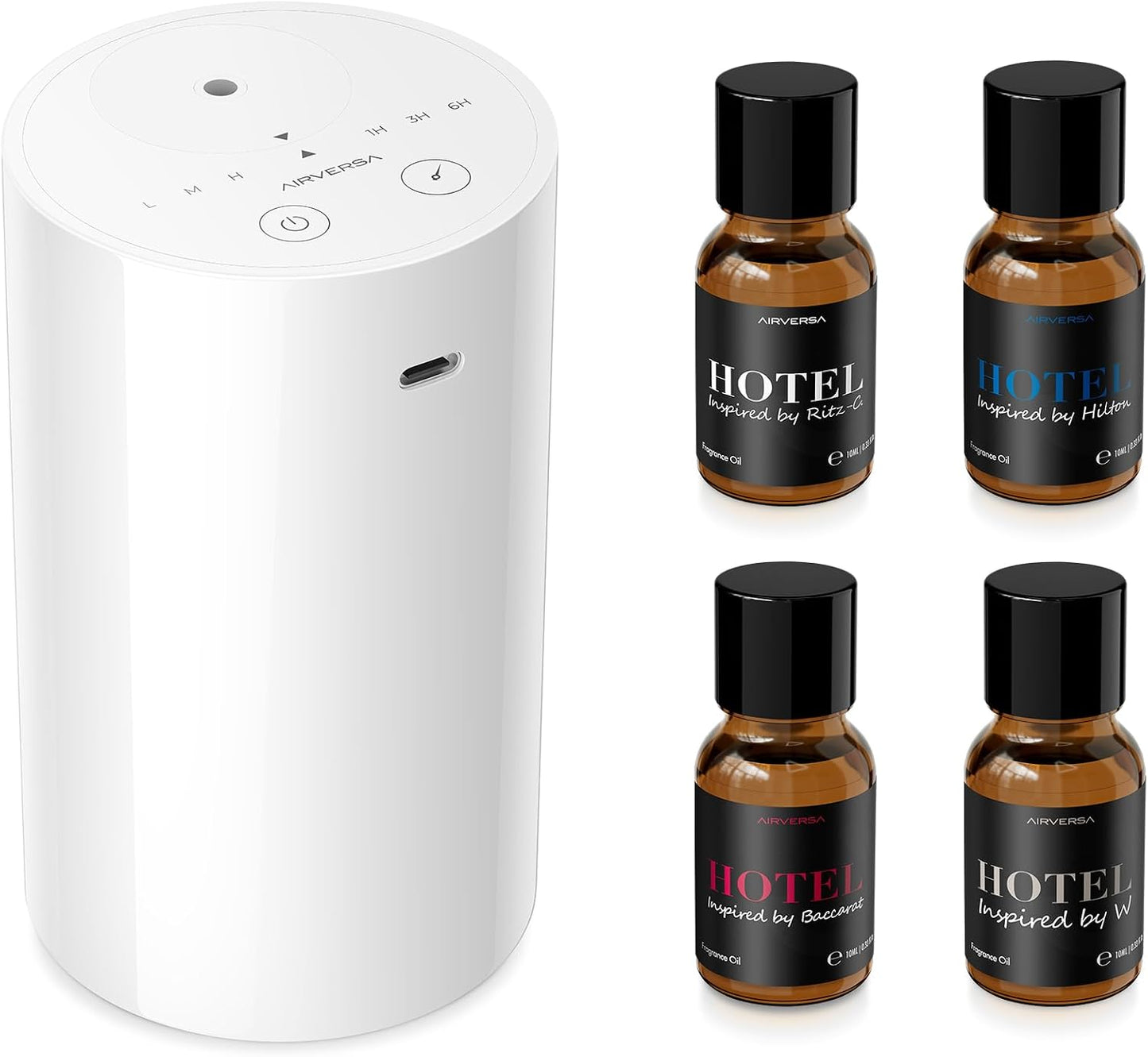 Airversa Waterless Essential Oil Diffuser Starter Kit with 4 x 10mL Hotel Scent Fragrance Oil, Battery Operated Mini Scent Air Machine Portable Diffuser for Home Car Office, AN8 Kit Black
