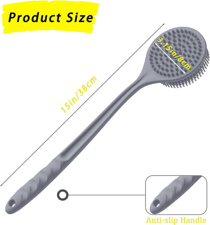 Silicone Back Scrubber for Shower, 17in Lengthen Long Handle Body Brush, Double Sided Shower Brush for Shower Exfoliating and Massage,Includes 2 Hooks (Black)