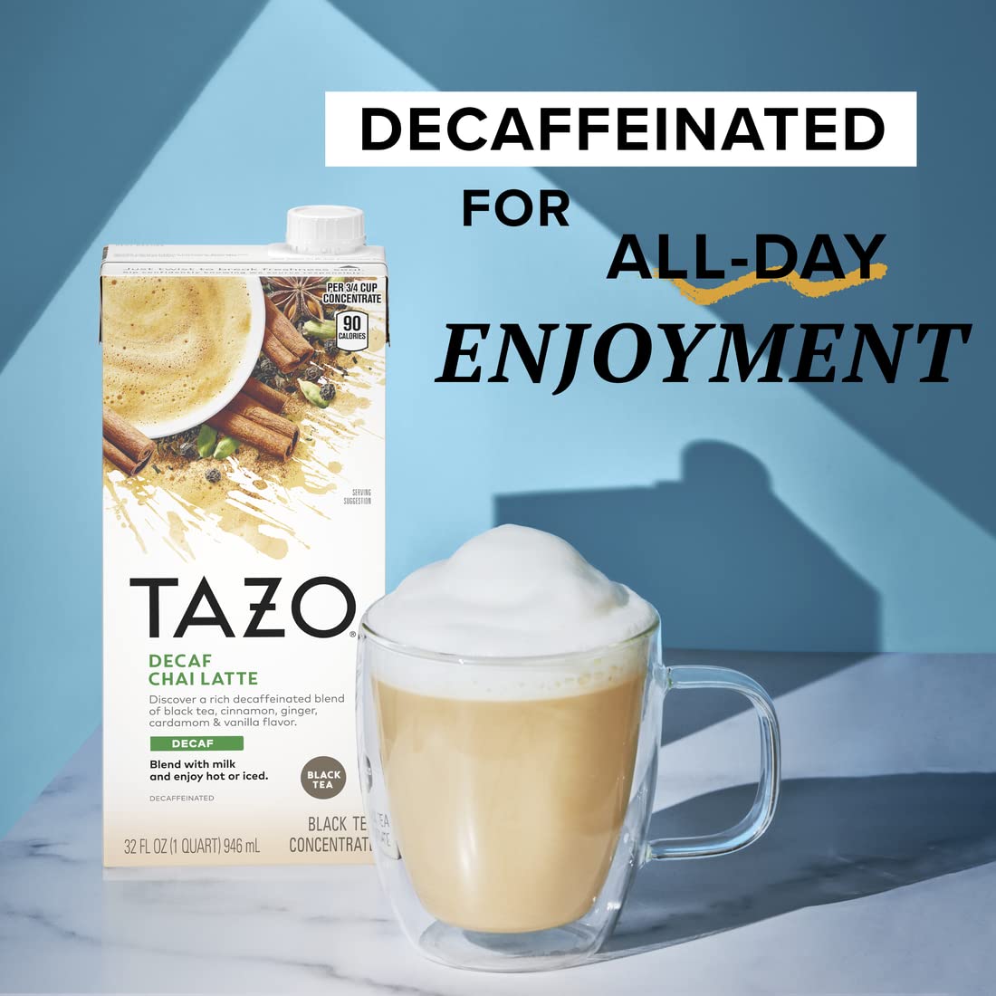 TAZO Decaf Chai Latte, Black Tea Concentrate, Easy-to-Serve Chai Tea for Everyday Lattes, Hot or Iced Tea and Mocktails, 32 oz Tea Mix Carton
