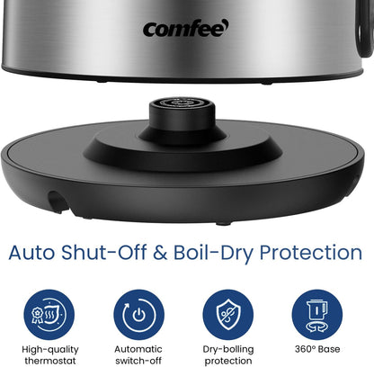 COMFEE' Stainless Steel Electric Kettle, Temperature Control with 6 Presets, 1-Hr Keep Warm, Kettle Water Boiler 1.7 Litres, 1500W with Viewing Window, Auto-Off and Boil-Dry Protection