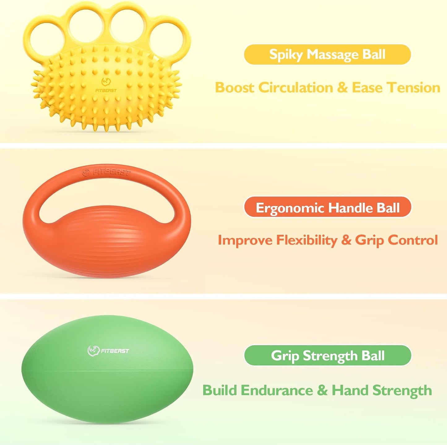 FitBeast Hand Exercise Ball Set–3 Pack Hand Squeeze Balls for Hand Therapy, Grip Strength, Finger & Wrist Training, Stress Balls for Adults, Ideal for Rehab, Arthritis, Carpal Tunnel