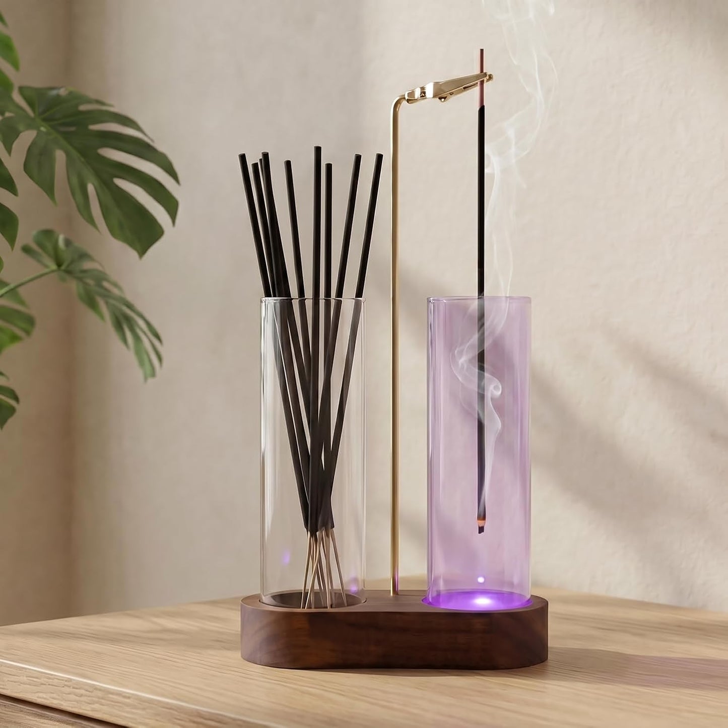 Glass Glowing Incense Holder - Modern Double Tube Incense Stick Burner with Ash Catcher - Aesthetic 2-in-1 Fragrance Display for Palo Santo, Sage & Candles - Zen Decor for Yoga & Meditation
