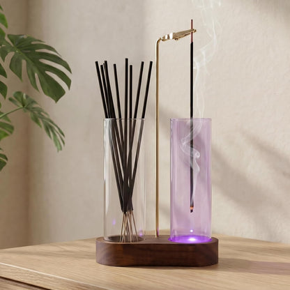 Glass Glowing Incense Holder - Modern Double Tube Incense Stick Burner with Ash Catcher - Aesthetic 2-in-1 Fragrance Display for Palo Santo, Sage & Candles - Zen Decor for Yoga & Meditation