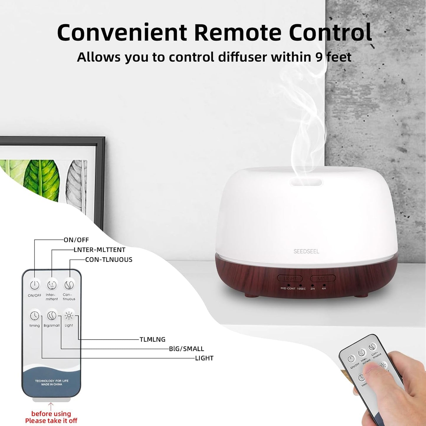 SEEDSEEL 300ML Essential Oil Diffuser with 7-Color LED Lights and Remote Control, Modern Minimalist Design, High-Efficiency Ultrasonic Mist Aromatherapy Diffuser for Home