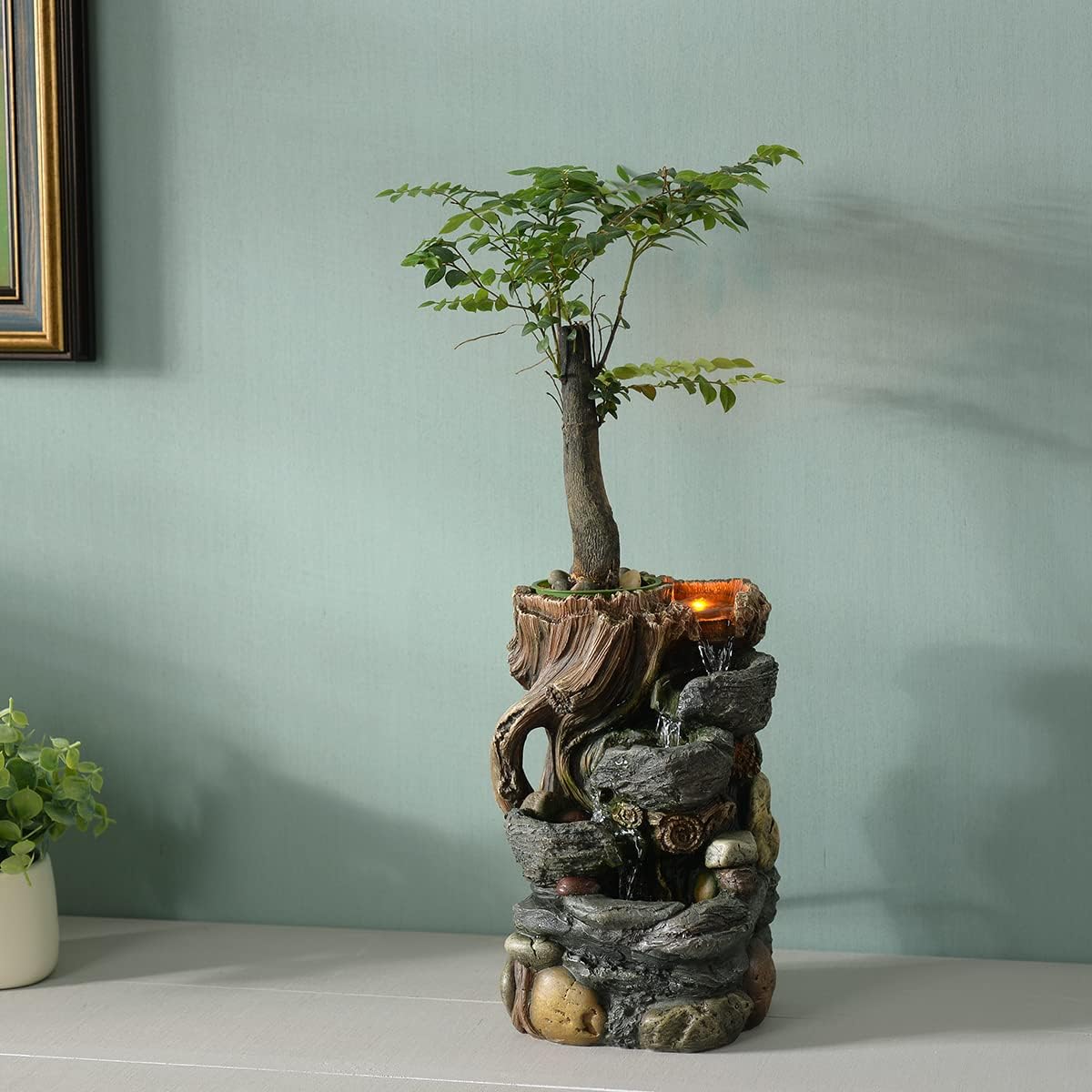 GOSSI 3-Tier Stone Wall Tabletop Water Fountain with Natural River Rocks, LED Lights, Zen Meditation Waterfall for Office and Home Decor, Relaxing Desktop Fountain, Christmas Decoration