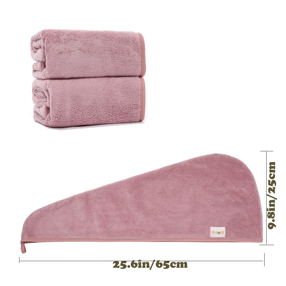 M-bestl 2 Pack Microfiber Hair Towel Wrap,Hair Drying Towel with Button,Quick Dry Hair Towel Turban for Women,Absorbent Anti-frizz Head Towel for Long Thick Curly Hair(Pink&Beige)