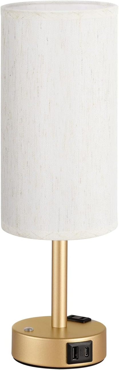 Touch Bedside Table Lamp with Memory - Stepless Dimmable Lamp for Bedroom, Small Nightstand Lamp with Dual USB Charging Ports and AC Outlet, Wood Night Light, Desk Lamp for Nursery, Living Room, Dorm