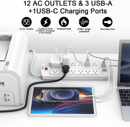 ALESTOR 6 Ft Surge Protector Power Strip with 12 Outlets and 4 USB Ports