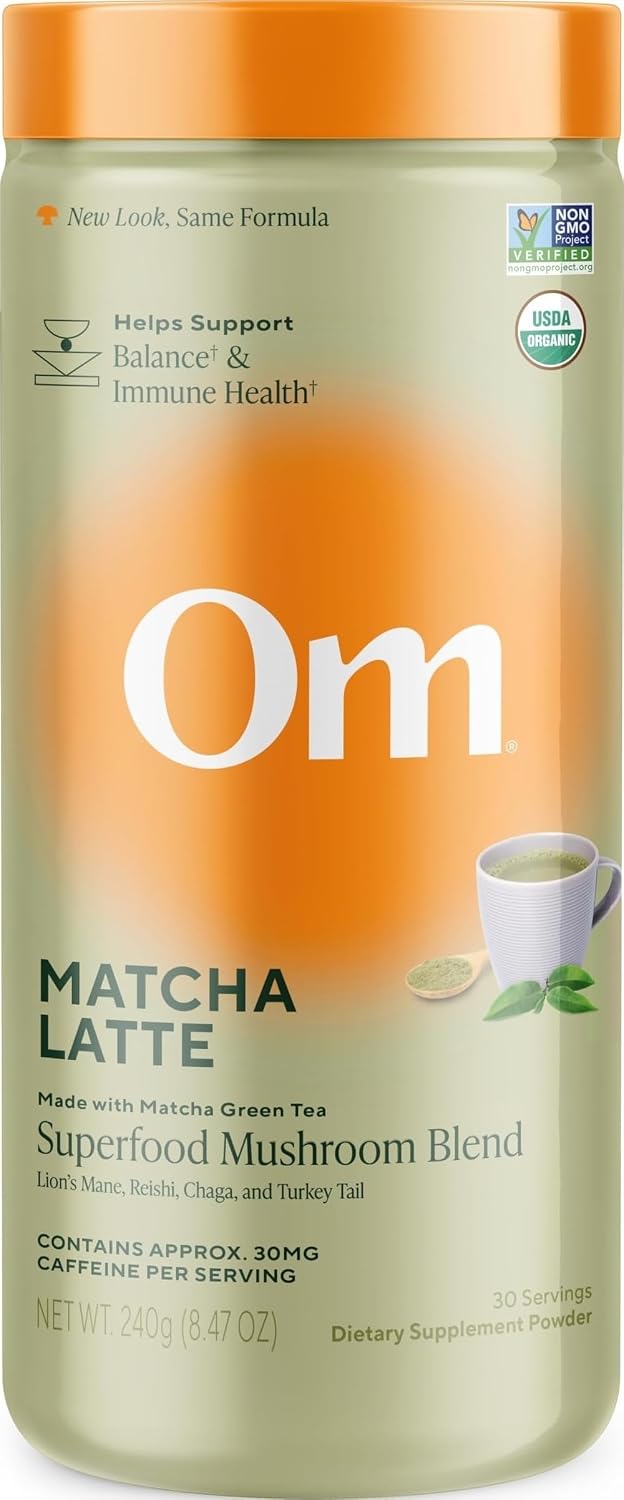 OM MUSHROOM SUPERFOOD Matcha Latte Blend – Green Tea Mushroom Powder with Lion’s Mane, Reishi, Chaga & Turkey Tail – Focus, Calm & Stress Support – 8.47 oz Canister (30 Servings)