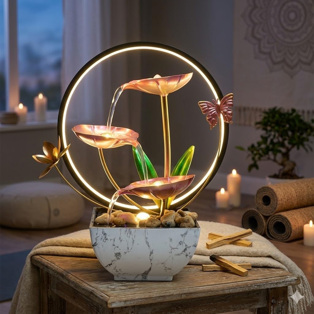 11‘’ H Gold Tabletop Water Fountain, Zen Desktop Waterfall, Indoor Lotus Desktop Decorative Fountain, Home Bathroom Bedroom Decor.