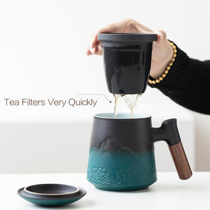 ZENS Embossed Ceramic Tea Mug with Infuser and Lid, 14.5 oz Wooden Handle, Loose Leaf Tea Steeper Cup & Strainer for Tea Lovers Gifts