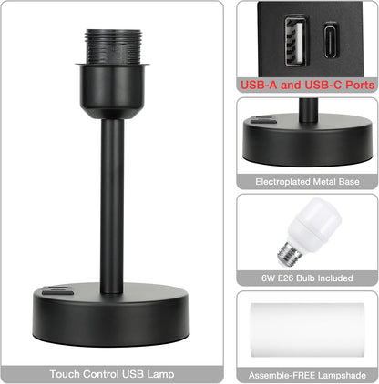 Dicoool Touch Table Lamp for Bedroom, 3 Way Dimmable Bedside Lamp with USB C & A Charging Ports - Small Desk Lamp for Dorm Room, College, Kids, Office, Living Room, White