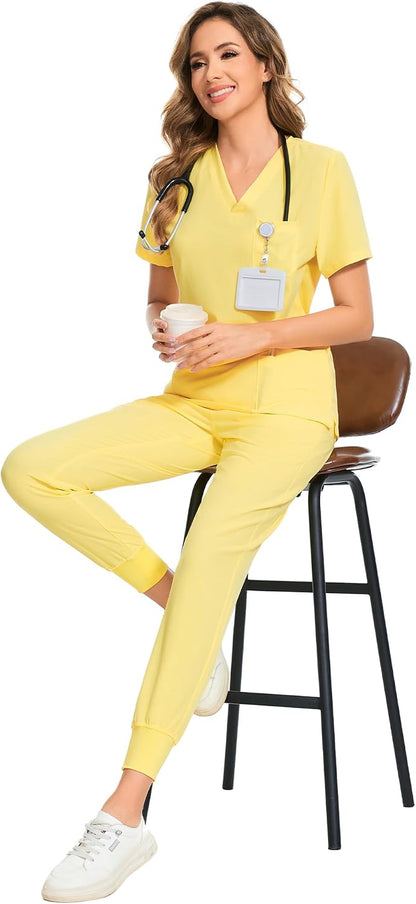 COZYFIT Scrubs for Women Set - Stretch V-Neck Scrub Top & Jogger Pant with 8 Pockets COZY SCRUBS - Colors E