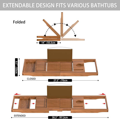 Artmalle Luxury Bathtub Caddy Tray for Tub - Foldable Bamboo Bath Table Tray with Book and Wine Glass Holder, Expandable Bathroom Accessories for Spa or Reading Lite Style