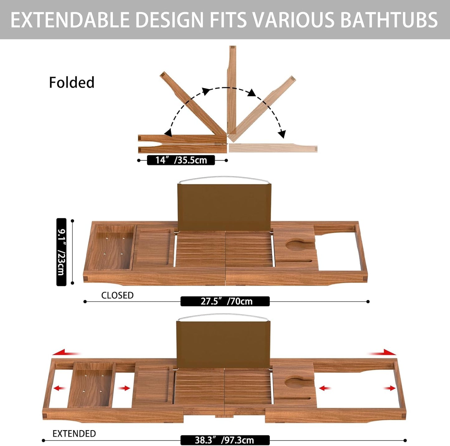 Foldable Bamboo Bathtub Caddy Tray Expandable for Luxury Bath, Bath Accessories & Table with Wine Glass Holder, Book Stand Bathroom Organizer with Extending Sides for Men/Women