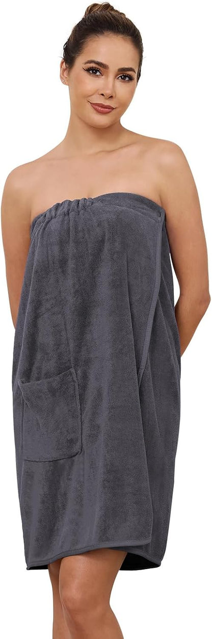 AMVELOP Womens Knee Length Wrap Towel,Button Bath Robe Adjustable Closure,Lightweight Spa Bathrobes With Pocket