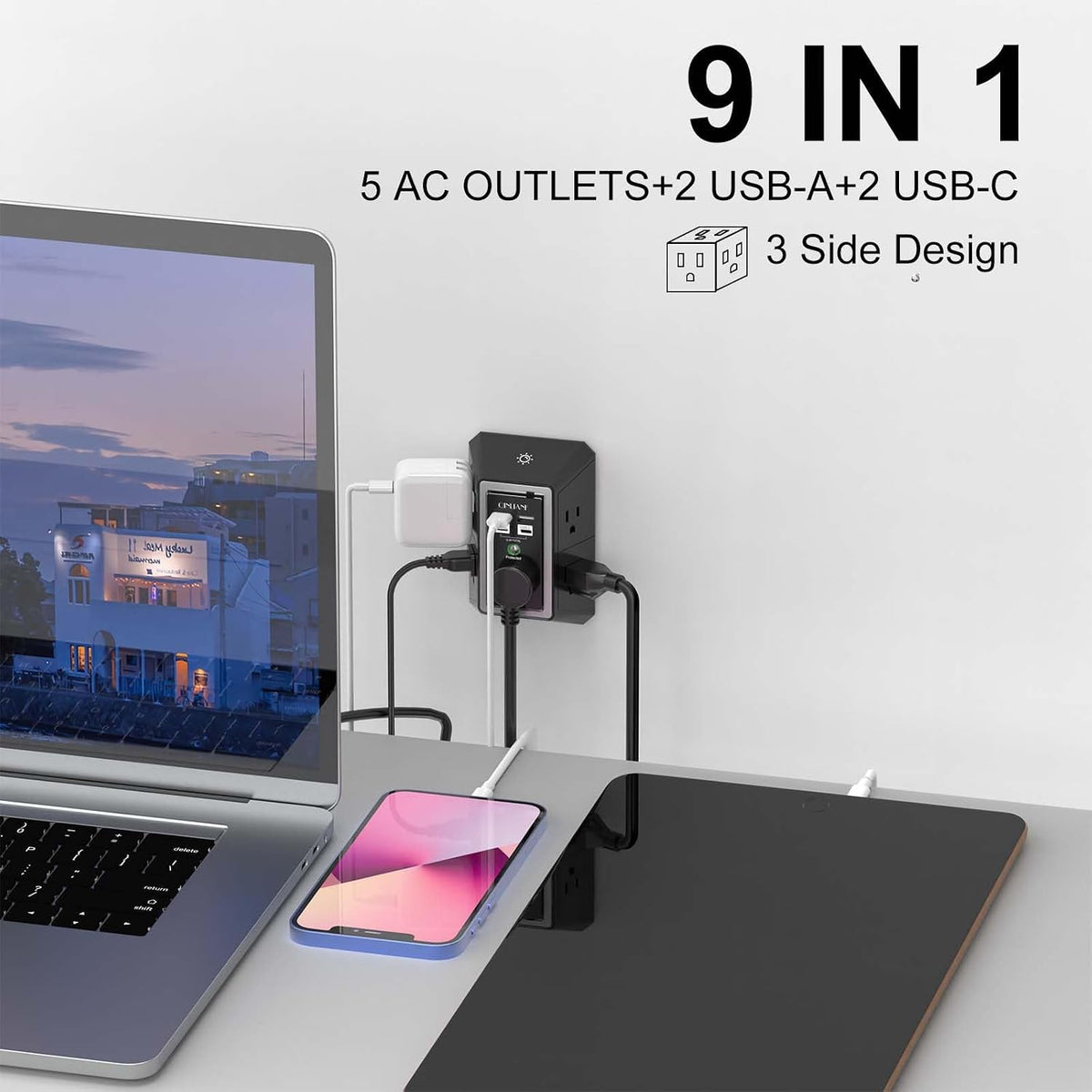 Wall Charger, Surge Protector, QINLIANF 5 Outlet Extender with 4 USB Ports