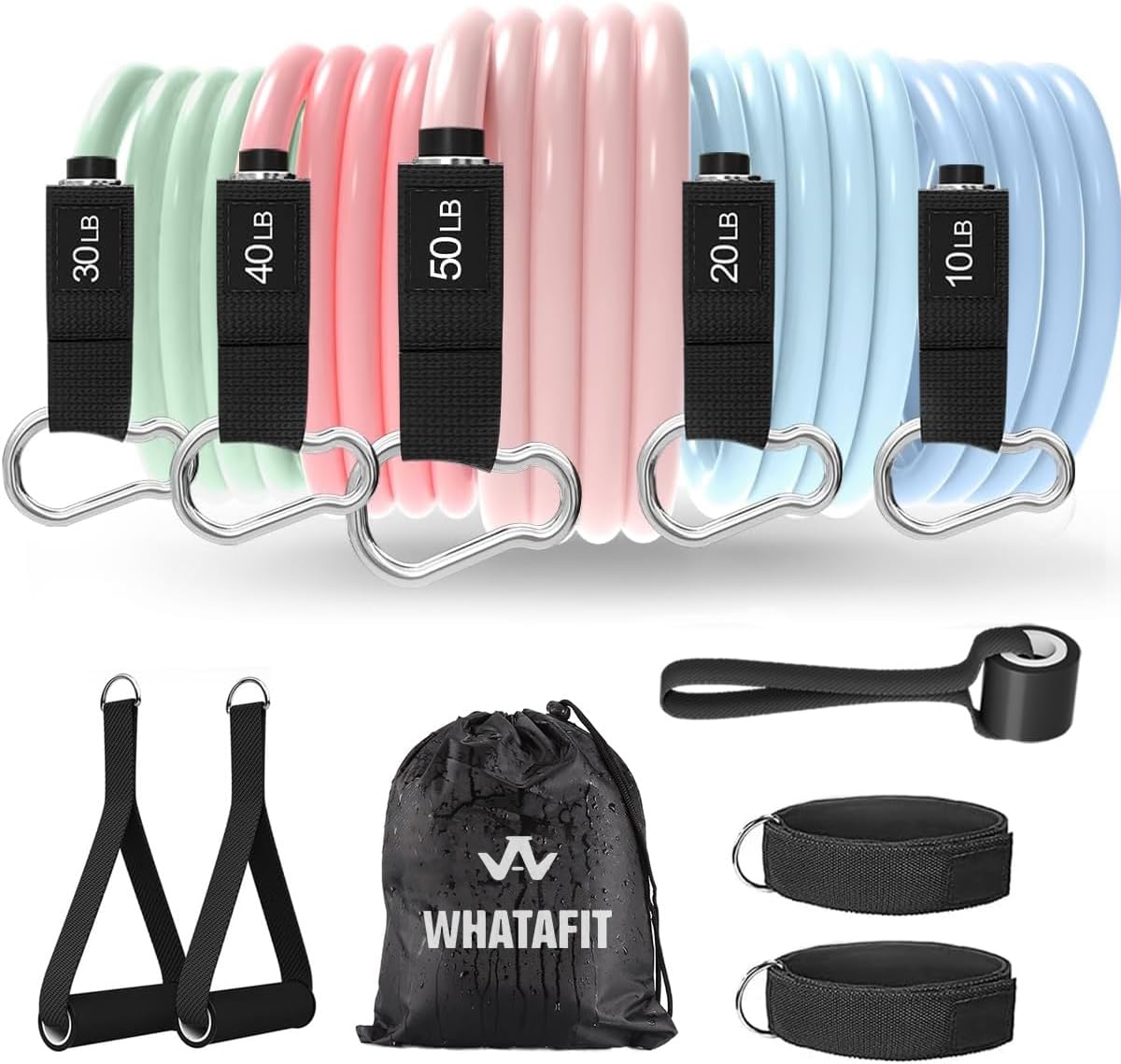 WHATAFIT Resistance Bands, Exercise Bands, Workout Bands with Handles, Door Anchor and Ankle Straps, 5 Resistance Levels Fitness Bands for Strength Training, Physical Therapy, and Home Gym Equipment