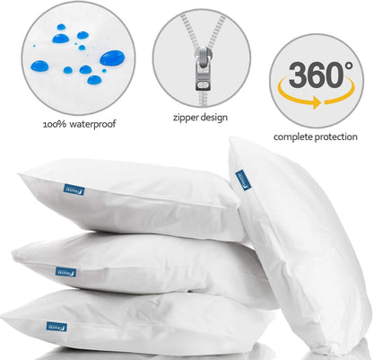 Waterproof Pillow Case Protector with Zipper 4 Pack Standard Size 20 x 26 inch White Pillow Protectors Feather Proof Pillow Covers Encasement Pillow Case