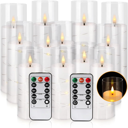 24 Pcs LED Flameless Candles with Remote, 3D Flickering Flame & LED String Lights, Acrylic Clear Cylinder, Timer Function, Romantic Ambience for Home Decor, Party, Wedding (Ivory).