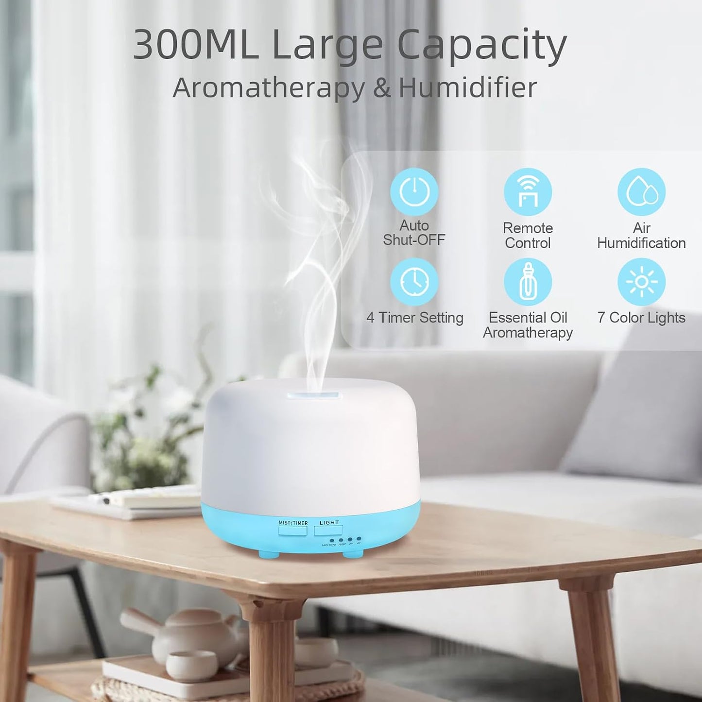300ML Essential Oil Diffuser, Remote Control Ultrasonic Aromatherapy Oil Diffusers Cool Mist Humidifier, Waterless Auto-Off and 7 LED Light Colors for Bedroom, Yoga, SPA, Baby