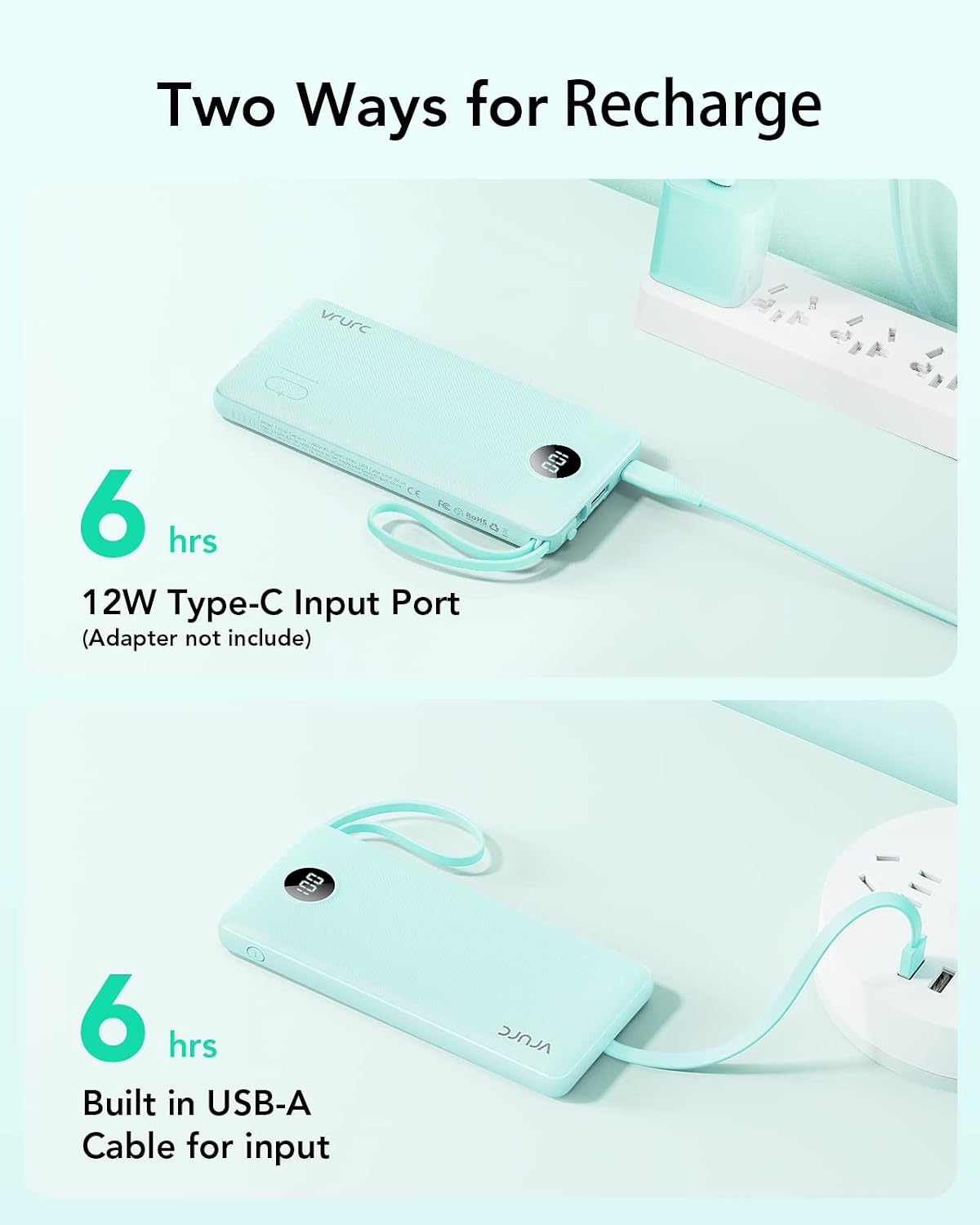 VRURC Portable Charger, Slim Power Bank Built-in 4 Cables, Travel Essential